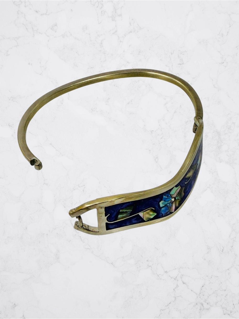 Vintage Taxco Mexico Abalone Inlaid Hinge Bangle Purple Bracelet Floral 6.5” - Picture 4 of 8